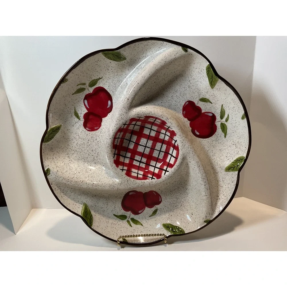 Youngs Kitchen Creations‎ Divided Serving Tray Cherries Gingham Picnic Style